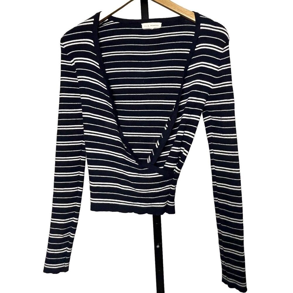 PacSun LA Hearts Navy Stripe Crop Crossover Sweater XS Layering Coastal Preppy